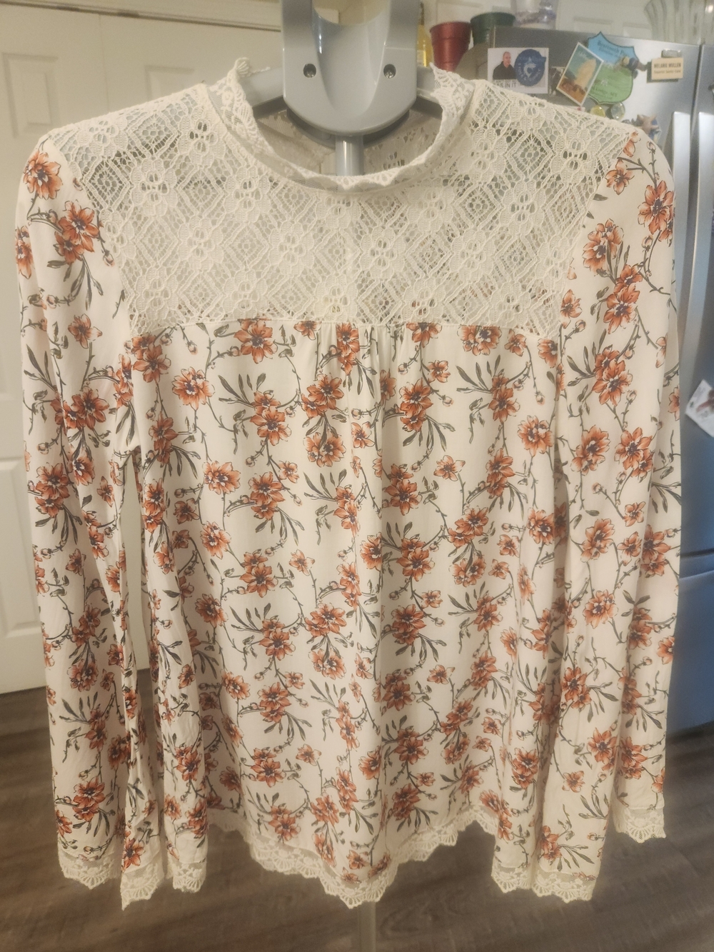 Kori Cream Floral Lace-Yoke Long Sleeve Blouse